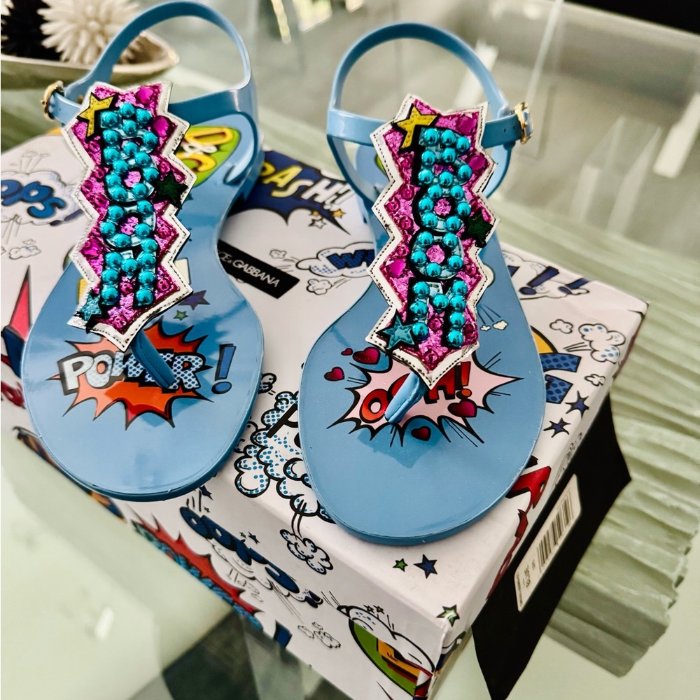 Dolce Gabbana Blue Pop Art Sandals with Colorful Embellishments